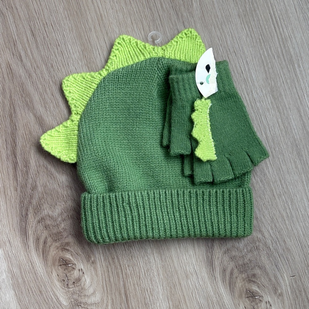 Green Dinosaur Knit Hat and Fingerless Gloves Set